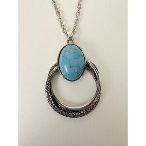 Silver Tone Oval Turquoise Pendant Long 36” Chain Open Circle Classic Lobster